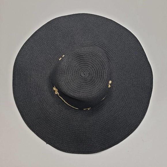 Black Floppy Hat Woven Raffia Flower Band OS #1 - Picture 3 of 7